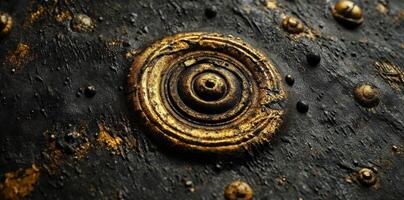 Golden concentric circle embedded on a rough dark surface photo