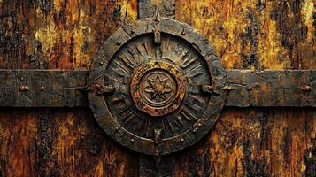 An old wooden door with a metal embellishment stands prominently photo