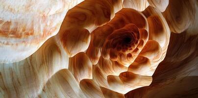 Carved wooden artwork featuring spiral patterns with varied light exposure photo
