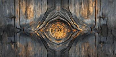 Abstract symmetrical wood pattern featuring a central golden eye photo