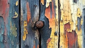 Weathered wooden planks show layers of peeling paint colors photo