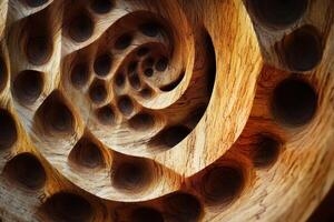 Wooden spiral tunnel with evenly spaced dark circular holes photo