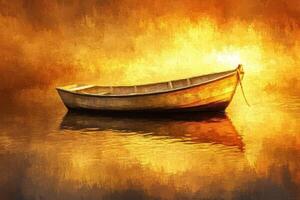 A single rowboat floats on golden water in soft light photo