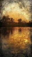 Textured image shows a sunset over a river lined with trees photo