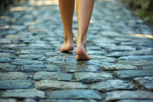 Barefoot legs walk on the cobbled path towards the sunlight photo