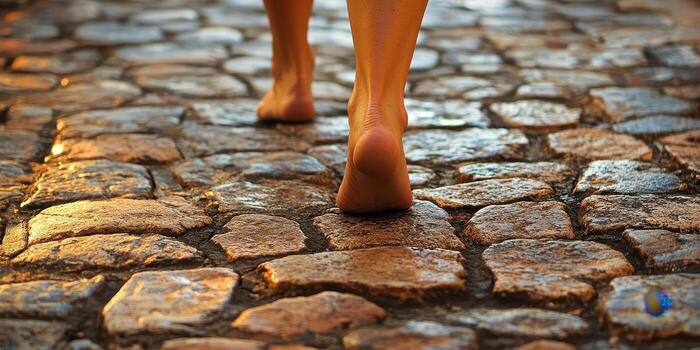 Bare feet walking on a cobblestone path in the sunlight photo