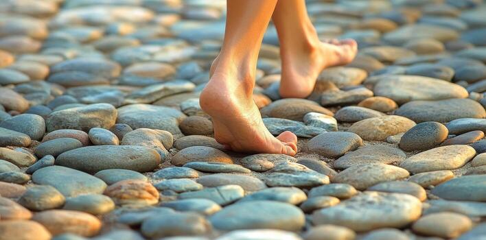 Bare feet walking on a path made of smooth stones photo