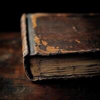 An old book with a worn leather cover sits open photo