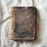 Old worn leather bound book resting on a white surface photo