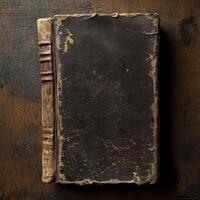 An old book with a worn leather cover lies open photo