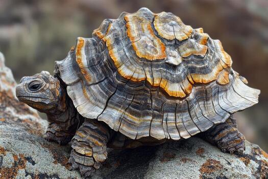 Majestic tortoise showcases intricate shell patterns on rocky surface photo