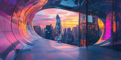 Futuristic cityscape view from an abstract tunnel at sunset photo