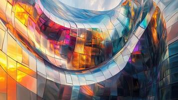 Abstract architecture with colorful reflective panels against sky photo