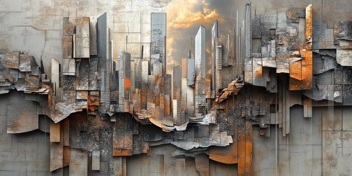 Abstract cityscape created from fragmented stone and metal textures photo