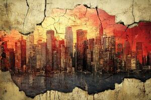 Fictional city skyline revealed behind cracked aged wall surface photo