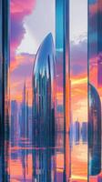 Mirrored futuristic city reflects vibrant sunset with sleek buildings photo