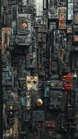 Intricate technological cityscape features complex layers of machinery photo