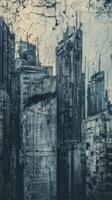 Dilapidated cityscape shows decayed skyscrapers under a textured gray sky photo