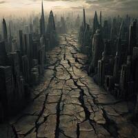 Apocalyptic cityscape showing cracked earth and crumbling buildings photo