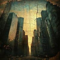 Tall city skyscrapers stretch towards the sky in vintage style photo