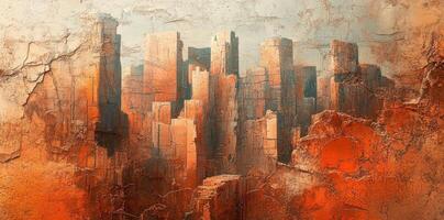 Textured abstract artwork showing a decaying city skyline in orange photo