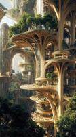 Futuristic city with organic architecture resembling giant trees photo