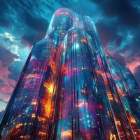 Abstract skyscraper with vibrant colorful reflections reaches into the sky photo