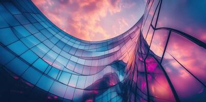 Curving glass facade reflecting the sky in an urban setting photo