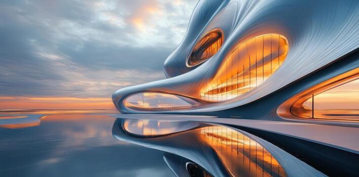 Futuristic architecture reflected in water during a dramatic sunset photo