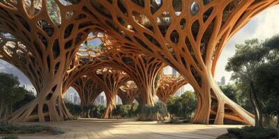 Futuristic park features giant tree like structures with city backdrop photo