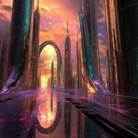 Futuristic city with towering structures and a colorful sky photo