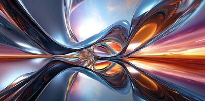 Abstract mirrored forms reflect a colorful sky and light photo
