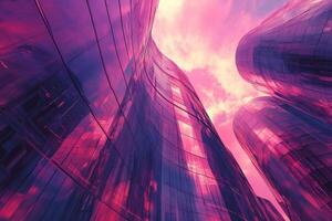 Modern glass buildings stretch upward toward a pink clouded sky photo