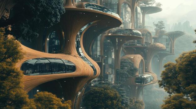 Futuristic treehouse city blending nature with modern architecture photo