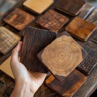 Hand holding two textured wooden coasters above other coasters photo