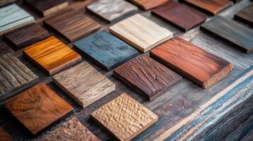 Assorted wooden samples demonstrating different textures grains and colors photo