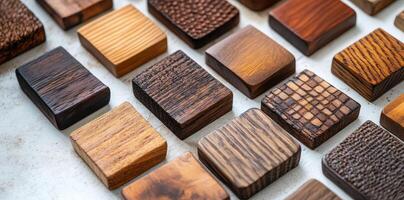 Collection of beautifully textured square wooden blocks arranged on a surface photo