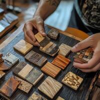 Man holding and displaying various wooden samples on dark surface photo