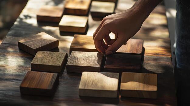 Arranging wooden blocks on a wooden surface by hand photo