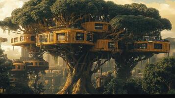 Unique treehouses built within gigantic trees create a sustainable community photo
