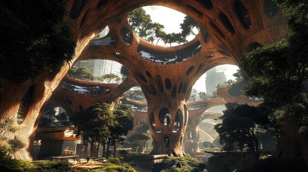 Futuristic city with giant tree structures as integrated buildings photo