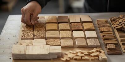 Hand inspecting an assortment of wooden blocks and planks photo