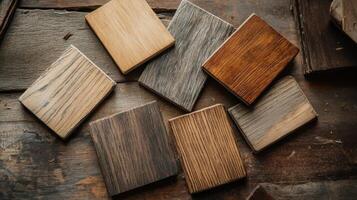 Assorted wooden samples displaying various wood finishes and textures photo