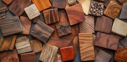 Various wood samples with different grains and textures arranged together photo