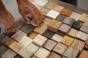 Person arranging small wooden blocks in a mosaic pattern photo