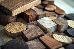 Assortment of wooden geometric shapes with varying wood grain photo