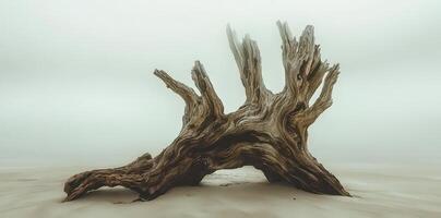 Twisted driftwood sits prominently on a sandy beach on a foggy day photo