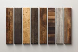 Seven unique wooden planks arranged vertically against a white wall photo
