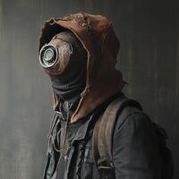 Person wearing steampunk inspired mask with leather hood detail photo