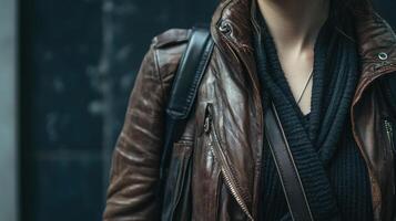 Woman wearing a brown leather jacket with a black sweater photo